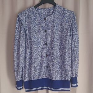 Leni Leni Vintage Blouse Ditsy Floral Paisley Royal Blue White Band Hem